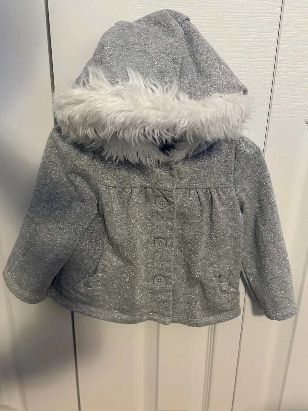 Gymboree Kids Sparkle Gray Hooded Coat with Faux Fur Trim